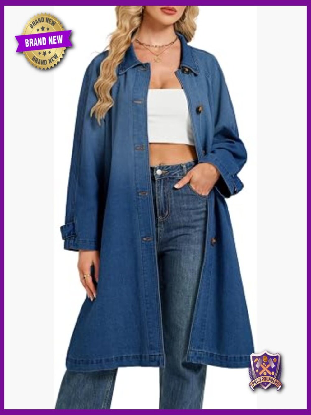 Women Midi Denim Trench Coat Oversized Long Duster Jacket With Dropped Shoulders